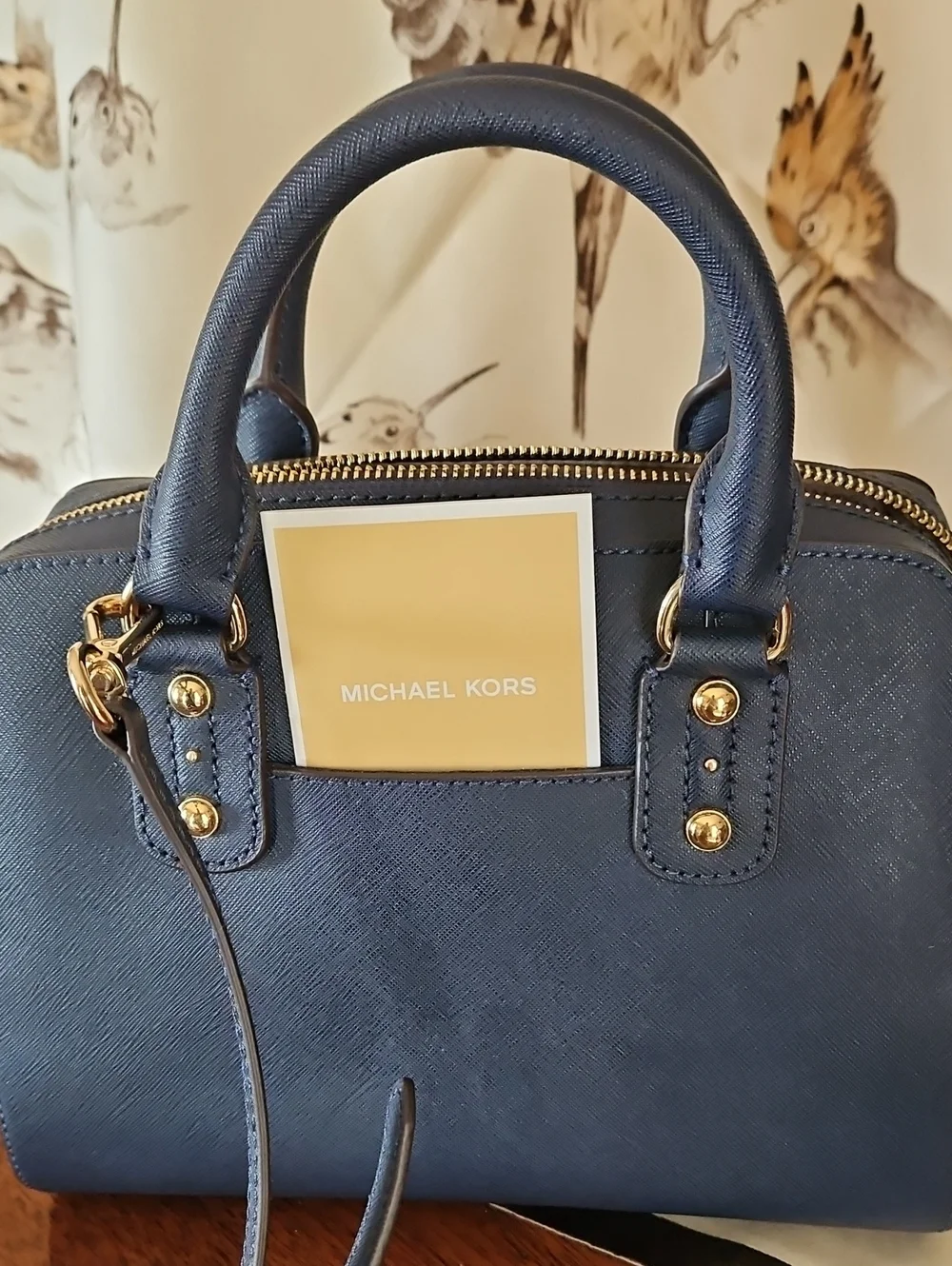 MICHAEL KORS Navy Saffiano Leather Satchel/Crossbody Bag with Gold Hardware